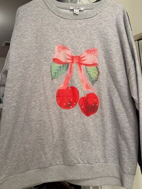refuge Gray Sweatshirt with Red Cherry and Pink Bow Size Large